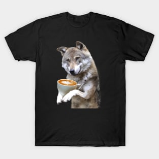 Brown Wolf Wolves Drinking Coffee Smiling, Funny Cute T-Shirt